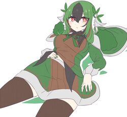  bad_id bad_pixiv_id black_hair brown_legwear cape female green_hair green_nails hair_ornament lying multicolored_hair nail_polish on_back personification pokemon red_eyes shikkoku_neko skirt solo torterra two-tone_hair 