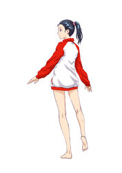  bad_id bad_pixiv_id bare_legs barefoot black_hair commentary_request female full_body jacket kaburagi_yuki original ponytail profile simple_background solo standing standing_on_one_leg track_jacket white_background 