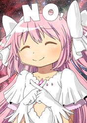  bow closed_eyes commentary_request dress english_text female gloves hairbow highres kaname_madoka long_hair mahou_shoujo_madoka_magica mahou_shoujo_madoka_magica_(anime) no o_den official_style pink_hair rejection short_sleeves smile solo space spoilers star_(sky) two_side_up ultimate_madoka upper_body white_bow white_dress white_gloves x_fingers 