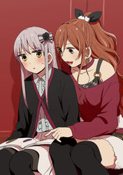  2girls :d aqua_shirt bang_dream! black_cardigan black_flower black_legwear black_rose blush book book_on_lap bow brown_hair cardigan center_frills choker collarbone collared_shirt commentary_request earrings flower frills grey_eyes grey_hair hair_between_eyes hair_flower hair_ornament hairbow hoop_earrings imai_lisa jewelry long_sleeves minato_yukina multiple_girls murata_(igaratara) o-ring off-shoulder_shirt off_shoulder one_side_up open_book open_mouth over-kneehighs parted_lips pom_pom_(clothes) reading red_background red_choker red_shirt rose shirt sitting skirt smile sweatdrop thighhighs yellow_eyes 