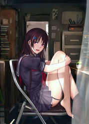  bare_legs barefoot black_hair black_socks book curtains feet feet_on_chair female from_side full_body hair_ornament hugging_own_legs illusionk indoors long_hair looking_at_viewer loose_socks open_mouth original pleated_skirt purple_eyes school_uniform serafuku single_sock sitting skirt socks solo undressing 