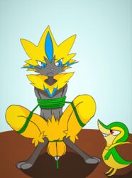  :&lt; ambiguous_gender anthro blue_eyes bondage bondage bonwolf bound captured duo embarrassed featureless_crotch felid frogtied fur generation_5_pokemon generation_7_pokemon hands_behind_back helpless hi_res humiliation legendary_pokemon legs_tied mammal navel nintendo plant pokemon pokemon_(species) reptile scalie size_difference snivy teeth vines yellow_body yellow_fur zeraora 