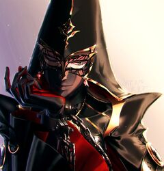  bad_id bad_twitter_id bayonetta_(series) bayonetta_2 black_eyes buckle bug butterfly chains commentary_request cuffs dated female gloves gold_trim gradient_background helmet jewelry kara_namako mask necklace one_eye_closed rosa_(bayonetta) runes shackles signature smile solo veil 