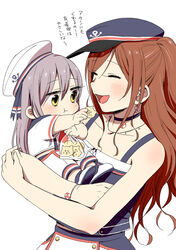  2girls :d :t ^_^ aged_down anchor_symbol bag bang_dream! black_choker blush bow bracelet carrying choker closed_eyes commentary_request cookie earrings food grey_hair hair_between_eyes half_updo hat hat_bow holding imai_lisa jewelry lolicon long_hair minato_yukina multiple_girls murata_(igaratara) open_mouth peaked_cap rabbit_earrings sailor_hat smile suspenders time_paradox translated yellow_eyes 