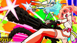  2girls aqua_hair artist_name company_name end_card energy_gun firing gun handa_shuuhei heavy_machine_gun highres long_hair machine_gun multicolored_background multiple_girls official_art official_wallpaper photoshop_(medium) ray_gun red_hair simple_background smile sumako_(ultra_super_anime_time) supika_(ultra_super_anime_time) ultra_super_anime_time visor watermark weapon 