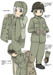  brown_eyes brown_gloves closed_mouth coat combat_helmet commentary_request dressing ebifly female flying_sweatdrops gloves helmet how_to korean_war m1_helmet military military_uniform mittens multiple_views numbered original painttool_sai_(medium) short_hair simple_background standing translated uniform white_background white_hair winter_clothes winter_coat 