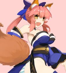  animal_ears blue_thighhighs breasts commentary_request detached_sleeves dh_ead fate/extra fate_(series) female fox_ears fox_tail hair_ribbon highres japanese_clothes large_breasts looking_at_viewer oerba_yun_fang open_mouth panties pink_background pink_hair ribbon simple_background solo striped_clothes striped_panties tail tamamo_(fate) tamamo_no_mae_(fate/extra) thighhighs underwear yellow_eyes 