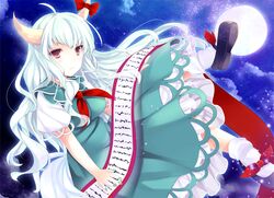  ajiriko aqua_dress bad_id bad_pixiv_id banned_artist breasts cloud dress ex-keine full_moon horn_ribbon horns kamishirasawa_keine large_breasts long_hair looking_at_viewer moon neckerchief petticoat puffy_short_sleeves puffy_sleeves red_eyes ribbon scroll shirt short_sleeves silver_hair sky solo touhou very_long_hair 