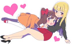  2girls arm_support blonde_hair blunt_bangs blush bow brown_eyes brown_hair chibimi chibita commentary_request dress facial_mark genderswap_(mtf) hairband hairbow heart high_heels iyami iyayo long_hair lying_on_person multiple_girls osomatsu-san osomatsu_(series) riomario rule_63 simple_background skirt smile thighhighs toe_cleavage twintails whisker_markings white_background 