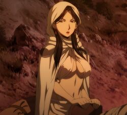  arslan_senki black_hair breasts cleavage earrings falangies female female highres jewelry large_breasts long_hair midriff navel screencap solo stitched underboob white_cape 