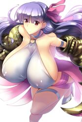  breasts cleavage curvy erect_nipples fate/grand_order fate_(series) female female haganef hair_between_eyes hair_ribbon huge_breasts jumping long_hair looking_at_viewer passion_lip pink_eyes pink_ribbon purple_hair revealing_clothes ribbon shiny shiny_skin simple_background solo very_long_hair white_background 