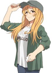  bad_id bad_twitter_id baseball_cap blonde_hair blue_eyes cellphone clothes_writing female green_jacket hand_on_headwear hat holding holding_phone idolmaster idolmaster_million_live! jacket long_hair looking_at_viewer phone shinomiya_karen shirt simple_background smartphone smile solo upanishi_mariko white_background white_shirt 