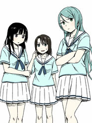  3girls aqua_hair bang_dream! black_hair blue_neckerchief commentary_request crossed_arms finger_to_cheek flat_color frown green_eyes grey_eyes hair_between_eyes hair_ornament hairpin hanasakigawa_school_uniform hikawa_sayo limited_palette long_hair multiple_girls murata_(igaratara) neckerchief okusawa_misaki open_mouth pleated_skirt purple_eyes school_uniform serafuku shirokane_rinko short_sleeves simple_background skirt standing sweatdrop white_background white_skirt 