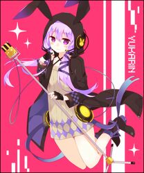  animal_hood black_gloves brown_dress character_name commentary_request dress female fingerless_gloves gloves hatoichi_reno hood hooded_jacket jacket long_hair microphone_stand purple_eyes purple_hair rabbit_hood smile solo twintails vocaloid voiceroid yuzuki_yukari yuzuki_yukari_(lin) yuzuki_yukari_(vocaloid4) 