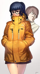  1boy bad_id bad_pixiv_id black_hair brown_eyes brown_hair coat cowboy_shot female glasses hands_in_pockets highres long_hair original photoshop_(medium) ponytail rheez skirt the_north_face thighs 