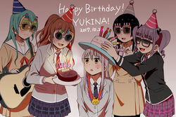  5girls :d :o ^_^ acoustic_guitar aqua_hair bang_dream! birthday birthday_cake birthday_cake_hat birthday_glasses birthday_party black_hair black_jacket blazer blue_skirt blush brown_hair cake cake_hat candle character_name chin_strap closed_eyes commentary_request dark_room dated dress food grey_hair grey_jacket guitar half_updo hanasakigawa_school_uniform haneoka_school_uniform happy_birthday hat hikawa_sayo holding holding_instrument holding_tray imai_lisa instrument jacket jewelry lanyard long_hair minato_yukina multiple_girls murata_(igaratara) neck_ribbon necklace necktie oerba_yun_fang open_mouth party_hat plaid plaid_skirt pleated_skirt purple_eyes purple_necktie purple_skirt red_necktie red_ribbon ribbon roselia_(bang_dream!) sailor_dress school_uniform shirokane_rinko skirt smile striped striped_necktie sunglasses sweatdrop tray twintails udagawa_ako yellow_eyes 