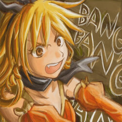  blonde_hair bow breasts brown_eyes detached_sleeves dress drill_hair female hair_ribbon hairband jane_maxwell long_hair open_mouth orange_dress ribbon sidelocks solo wild_arms wild_arms_1 