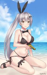  artist_name banana beach bikini blush bow bowtie breasts brown_eyes cleavage commentary counter-strike_(series) counter-strike_2 day english_commentary eyebrows female finger_on_trigger five-seven_(cruise_queen)_(girls&#039;_frontline) five-seven_(girls&#039;_frontline) fn_five-seven fn_herstal food fruit girls&#039;_frontline gun gun_decal hair_between_eyes hair_ornament halterneck handgun high_heels highres holding holding_gun holding_weapon kneeling large_breasts long_hair looking_at_viewer navel official_alternate_costume outdoors ponytail sandals side-tie_bikini_bottom smile string_bikini swimsuit thigh_strap vodka13 weapon 