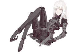  blame! bodysuit cibo commentary_request cyborg female hime_cut long_hair looking_at_viewer photoshop_(medium) simple_background solo tuzki white_background white_eyes white_hair 