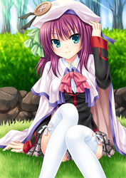  angel_beats! arm_at_side black_jacket bow breasts bush cape commentary_request company_connection cosplay day female grass green_bow green_eyes grey_skirt hairbow hand_on_headwear hand_up hat highres jacket key_(company) knees_together_feet_apart knees_up light_rays little_busters! little_busters!_school_uniform long_hair long_sleeves medium_breasts miniskirt nakamura_yuri noumi_kudryavka noumi_kudryavka_(cosplay) on_grass outdoors plaid plaid_skirt pleated_skirt purple_hair school_uniform sitting skirt smile solo soraeda stone sunbeam sunlight thighhighs tree white_cape white_thighhighs zettai_ryouiki 