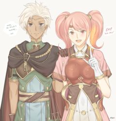  1boy artist_name blush boey_(fire_emblem) breastplate brown_eyes cape circlet dark_skin electricity female fire_emblem fire_emblem_echoes:_mou_hitori_no_eiyuuou gloves grey_background hakirino highres long_hair mae_(fire_emblem) open_mouth pink_hair red_eyes scared simple_background teeth twintails upper_body white_hair 