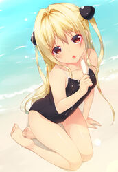  :o bad_id bad_pixiv_id barefoot black_one-piece_swimsuit blonde_hair breasts cameltoe collarbone covered_nipples feet female food hair_intakes hair_ornament highres konjiki_no_yami long_hair looking_at_viewer one-piece_swimsuit photoshop_(medium) popsicle red_eyes sand seiza shokuyou_mogura sitting small_breasts solo suggestive_fluid swimsuit to_love-ru two_side_up water 