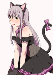  animal_ears arm_cuffs bang_dream! black_dress black_gloves black_pantyhose blush bow bowtie cat_ears cat_tail commentary_request dress embarrassed fake_animal_ears female gloves grey_hair hair_between_eyes hairband long_hair minato_yukina murata_(igaratara) neck_ribbon oerba_yun_fang pantyhose purple_bow purple_bowtie purple_ribbon ribbon simple_background sitting solo sweatdrop tail tail_bow tail_ornament tail_raised yellow_eyes 