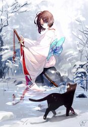  black_cat blue_eyes brown_hair closed_mouth commentary e_(h798602056) feline female highres holding holding_weapon japanese_clothes kara_no_kyoukai katana kimono looking_at_viewer obi outdoors reflection ryougi_shiki sash sheath short_hair sitting snow sword unsheathing water weapon wide_sleeves 