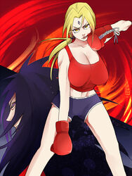  1boy blonde_hair boxing boxing_gloves breasts cleavage facial_mark female forehead_mark kanenote looking_at_viewer naruto naruto_shippuuden pixiv_id_2442330 shorts tank_top tsunade uchiha_madara yellow_eyes 