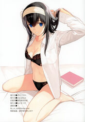  absurdres arms_behind_head arms_up artist_name barefoot bed_sheet black_bra black_hair black_panties blue_eyes book bra breasts cleavage collarbone doujinshi dress_shirt female full_body hair_between_eyes hairband highres idolmaster idolmaster_cinderella_girls long_hair long_sleeves looking_at_viewer medium_breasts mibu_natsuki navel open_clothes open_cuffs open_shirt panties parted_lips photoshop_(medium) sagisawa_fumika scan shirt sidelocks sitting smile solo twitter_username unbuttoned underwear wariza 