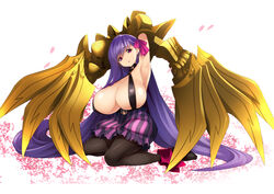  absurdres armpits bare_shoulders black_legwear breasts collar fate/extra fate/extra_ccc fate/grand_order fate_(series) female female full_body gauntlets hair_ornament hair_ribbon huge_breasts kneeling long_hair looking_at_viewer pantyhose passion_lip petals purple_eyes purple_hair ribbon solo tsukamori_shuuji very_long_hair weapon 