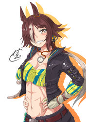  abs animal_ears arm_belt bandeau belt belt_buckle black_jacket blush breasts brown_eyes brown_hair buckle cleavage commentary_request crop_top diagonal_stripes drop_shadow ear_ornament female grin hair_over_one_eye hands_on_own_hips head_tilt horse_ears horse_girl jacket large_breasts light_brown_hair long_sleeves looking_at_viewer midriff multicolored_hair navel nokishita_kumoemon open_clothes open_jacket signature simple_background sleeve_cuffs smile solo stomach striped striped_bandeau two-tone_hair umamusume unbuckled upper_body vodka_(umamusume) white_background yellow_bandeau 