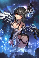  bad_id bad_pixiv_id black_hair breasts chaos_(devil_maker) cleavage commentary_request detached_sleeves devil_maker female headgear jewelry large_breasts long_hair mechanical_wings panties red_eyes rheez ring solo standing underwear wading water wings 