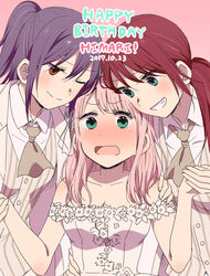  3girls ;) alternate_hairstyle aqua_eyes arm_around_shoulder arm_around_waist ascot bang_dream! blush character_name collarbone commentary_request dated dress formal girl_sandwich grey_ascot grin hair_between_eyes hair_down happy_birthday highres holding_hands medium_hair multiple_girls murata_(igaratara) nose_blush one_eye_closed open_mouth pink_hair pinstripe_pattern polygamy ponytail purple_eyes red_eyes red_hair sandwiched seta_kaoru sidelocks smile striped suit udagawa_tomoe uehara_himari upper_body wedding_dress white_dress white_suit wife_and_wife wife_and_wife_and_wife yuri 