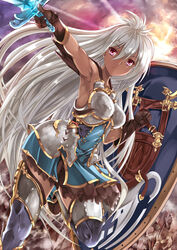  absurdres ahoge armor armored_dress armpits blue_dress commentary_request dark-skinned_female dark_skin dress female gloves granblue_fantasy highres long_hair red_eyes shield short_dress solo sword thighhighs uchida_shou weapon white_hair zooey_(granblue_fantasy) 