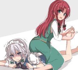  2girls :d asa_(coco) barefoot blue_dress blue_eyes braid colored_eyelashes commentary_request dress foot_massage from_behind green_eyes grey_hair hair_between_eyes hair_ribbon holding_another&#039;s_foot hong_meiling izayoi_sakuya long_hair looking_at_another lying maid_headdress massage multiple_girls no_headwear on_stomach open_mouth pale_eye puffy_short_sleeves puffy_sleeves red_hair ribbon shaded_face shirt short_hair short_sleeves side_slit sitting sitting_on_person skirt skirt_set smile soles straddling sweat toes touhou trembling tress_ribbon twin_braids wavy_mouth white_shirt 