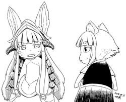  1other animal_ears blunt_bangs cat_ears chibi crossover dated eye_contact female greyscale horizontal_pupils izawa_shiori kuraishi_tanpopo looking_at_another made_in_abyss monochrome nanachi_(made_in_abyss) open_mouth pleated_skirt short_hair short_sleeves signature simple_background skirt sweat sweatdrop triangle_mouth tsukudani_(coke-buta) vest voice_actor_connection whiskers white_background witch_craft_works 