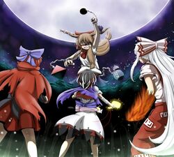  4girls bad_id bad_pixiv_id ball_and_chain_restraint battle black_hair cape chains dress epic_armageddon fire flaming_hand fujiwara_no_mokou giant giantess glowing glowing_eyes gourd grey_horns grin highres horns ibuki_suika kijin_seija light_brown_hair long_hair miracle_mallet multicolored_hair multiple_girls pants parasol pyramid_(geometry) red_eyes red_hair sekibanki shirt skirt small_horns smile streaked_hair torn_cape torn_clothes touhou umbrella very_long_hair white_hair 