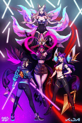  4girls ahri_(league_of_legends) akali animal_ears ass asymmetrical_clothes asymmetrical_legwear baseball_cap blonde_hair blush bodypaint bracelet braid breasts choker claw_(weapon) claws cleavage closed_mouth collar collarbone commentary_request cropped_jacket double_bun dragon earrings evelynn_(league_of_legends) facial_mark fingernails fox_ears fox_tail fur_trim glowing group_picture hair_bun hair_ornament hat heart heart_choker heart_earrings highres holding idol jersey jewelry k/da_(league_of_legends) k/da_ahri k/da_akali k/da_evelynn k/da_kai&#039;sa kai&#039;sa large_breasts league_of_legends lips lipstick long_hair looking_at_viewer looking_back makeup manda_schank mask medium_breasts mouth_mask multiple_girls navel necklace open_mouth pants pince-nez pink-tinted_eyewear pink_hair ponytail purple_hair purple_lips raver red_lips shoes signature single_hair_bun single_pantsleg skirt smile sneakers spray_paint sunglasses sweater tail thighhighs tight_clothes tight_pants tinted_eyewear ultraviolet_light uneven_legwear weapon yellow_eyes 