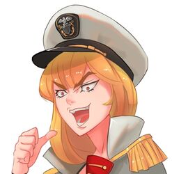  :d blonde_hair dio_brando eyeshadow female hat jojo_no_kimyou_na_bouken kantai_collection kono_dio_da_(meme) makeup meme open_mouth pacific_(kancolle) parody peaked_cap phantom_blood pointing pointing_at_self red_eyes sima_naoteng smile teeth too_bad!_it_was_just_me!_(meme) uss_dolphin_(ss-169) v-shaped_eyebrows 