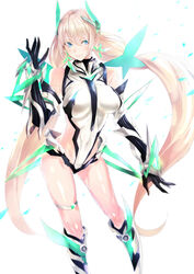  absurdres angela_balzac armor bare_shoulders black_gloves blonde_hair blue_eyes blush boots breasts breasts_apart colored_eyelashes commentary_request contrapposto covered_navel earrings elbow_gloves female floating_hair gloves groin hair_between_eyes halterneck hand_up headgear highleg highleg_leotard highres hip_focus impossible_clothes impossible_leotard jewelry knee_boots large_breasts leotard light_smile long_hair looking_at_viewer low_twintails neon_trim pilot_suit rakuen_tsuihou ricci skin_tight smile solo standing thigh_strap turtleneck twintails very_long_hair white_background 