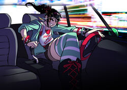  black_hair boots car disney female glasses ground_vehicle motor_vehicle ryuusei_(mark_ii) solo striped striped_legwear thighhighs vanellope_von_schweetz wreck-it_ralph 