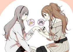  2girls applying_makeup bang_dream! belt black_belt black_hairband black_legwear black_skirt brown_hair commentary_request earrings feline flat_color grey_eyes grey_hair grey_shirt grey_sweater hairband hand_grab hand_on_own_knee heart hoop_earrings imagining imai_lisa jewelry long_hair long_sleeves minato_yukina multiple_girls murata_(igaratara) nail_polish necklace off-shoulder_sweater off_shoulder one_side_up shirt sidelocks sitting skirt sweater thighhighs yellow_eyes 