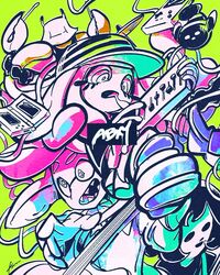  3boys baseball_cap black_hair bob_cut clownfish commentary_request crab drooling drumsticks female fish green_background group_name guitar handheld_game_console harmony&#039;s_clownfish_(splatoon) harmony_(splatoon) hat ikapnmn2 instrument long_hair multiple_boys nintendo_ds noisy_(splatoon) raian_(splatoon) shikaku_(splatoon) shoes simple_background sneakers solid_oval_eyes splatoon_(series) splatoon_1 tropical_fish wall-eyed 