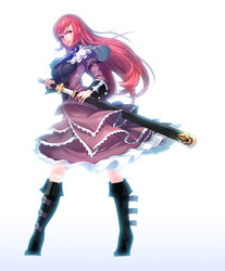  bad_id bad_pixiv_id boots capelet dress female highres knee_boots long_hair looking_back original photoshop_(medium) red_eyes red_hair rheez ribbon sheath solo standing sword unsheathing weapon 