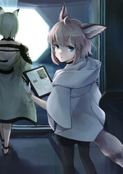  2girls absurdres ahoge animal_ear_fluff animal_ears arknights bare_shoulders black_choker black_footwear black_legwear black_skirt blue_eyes brown_hair choker commentary_request e-bushi eyebrows_hidden_by_hair facing_away fox_ears fox_girl fox_tail green_jacket high_heels highres holding hood hood_down hooded_jacket jacket kal&#039;tsit_(arknights) looking_at_viewer looking_back multiple_girls off_shoulder pantyhose parted_lips shoes skirt solo_focus sussurro_(arknights) tail white_jacket 