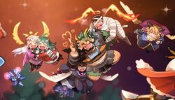  &gt;_&lt; 2girls 6+boys :d animal_ears arsalan_(housamo) azazel_(housamo) beard black_bodysuit blush bodysuit breath brown_fur chibi christmas couple facial_hair feathered_wings fiery_wings floating full_body gabriel_(housamo) goat_boy goat_horns green_hair halloween halloween_costume hati_(housamo) heart horns lifting_person lion_boy lion_ears long_hair maria_(housamo) multicolored_hair multiple_boys multiple_girls muscular muscular_male nether_angel_(housamo) nyarlathotep_(housamo) official_alternate_costume open_mouth pectorals sidepec smile snow streaked_hair sumi_wo_hakuneko tokyo_afterschool_summoners white_hair wings yaoi yuri zabaniyya_(housamo) 