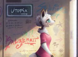  2019 air_vent anthro blue_eyes bottomwear bracelet brown_body brown_fur clothing english_text female fur graffiti hi_res jewelry mammal neck_tuft open_mouth pants shirt sign solo text topwear trigaroo tuft white_body white_fur 