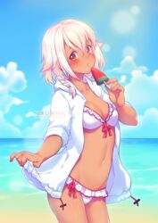  :p beach bikini breasts dark_skin day female food looking_at_viewer medium_breasts medium_hair navel neko-rina orange_eyes original popsicle solo sunlight swimsuit tongue tongue_out white_hair 