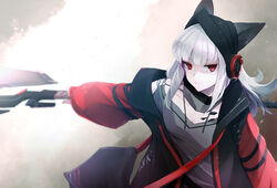  animal_ear_fluff animal_ears arknights beanie black_hat black_jacket closed_mouth commentary_request e-bushi ears_through_headwear eyebrows_hidden_by_hair female frostleaf_(arknights) grey_shirt hat headphones highres holding holding_sword holding_weapon jacket long_hair long_sleeves looking_at_viewer open_clothes open_jacket outstretched_arm puffy_long_sleeves puffy_sleeves red_eyes shirt sleeves_past_wrists solo sword weapon white_hair 